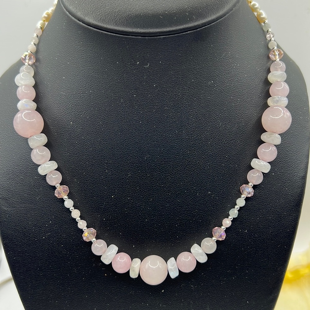 ROSE QUARTZ, MOONSTONE, MORGANITE, PINK AB CRYSTAL, AND STERLING NECKLACE 17”